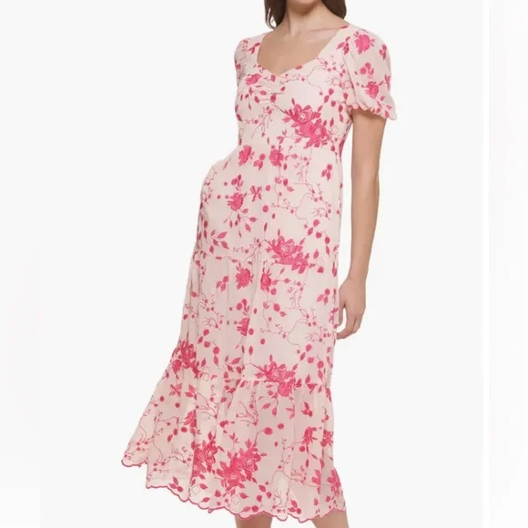 Kensie Floral Embroidered Puff Sleeve Chiffon Midi Dress in Blush/Rasberry at Nordstrom Rack, Size 8